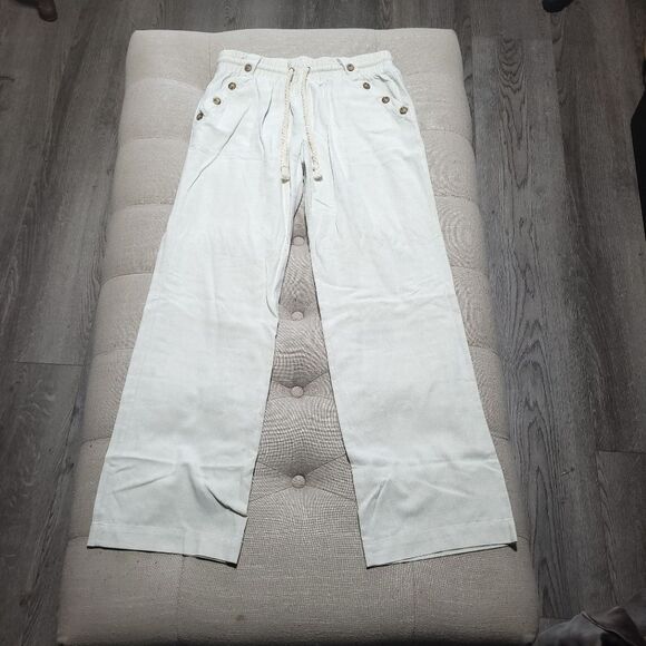 Sapphire Red Linen Blend Cream Pants with Rope Tie Drawstring  Womens Medium - Picture 2 of 11